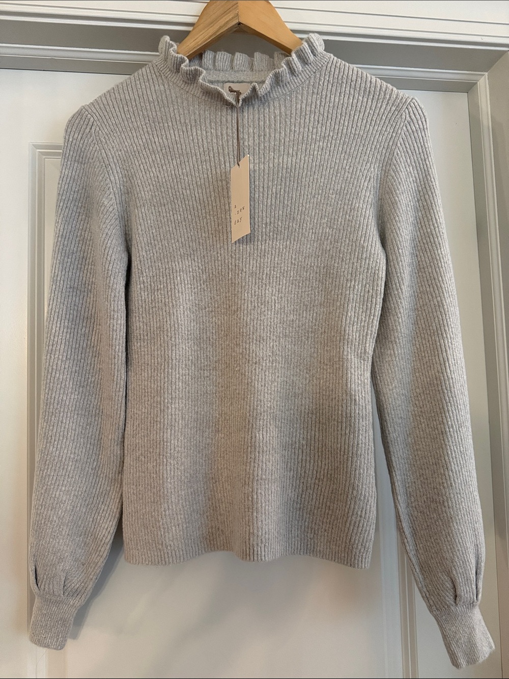 a new day Women’s Light Gray Ribbed Crewneck Sweater with Ruffle Collar S